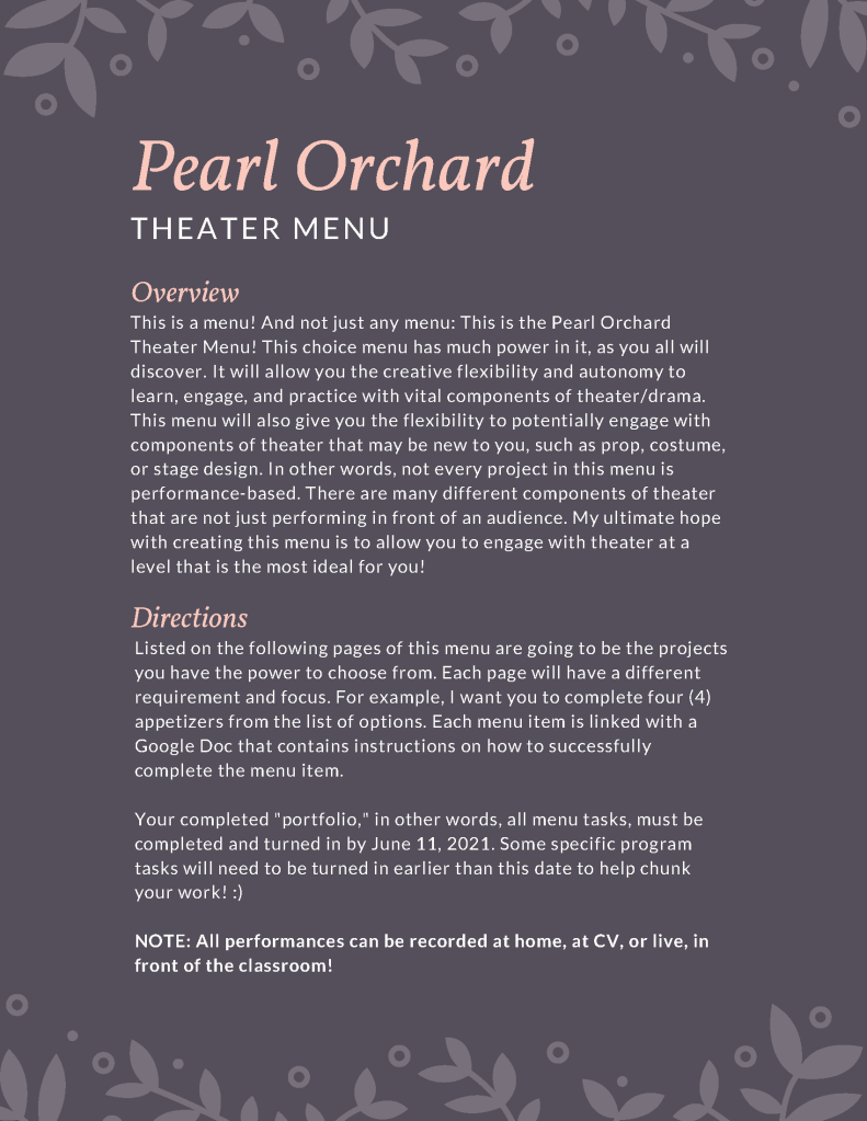 Theater Project Menu title page