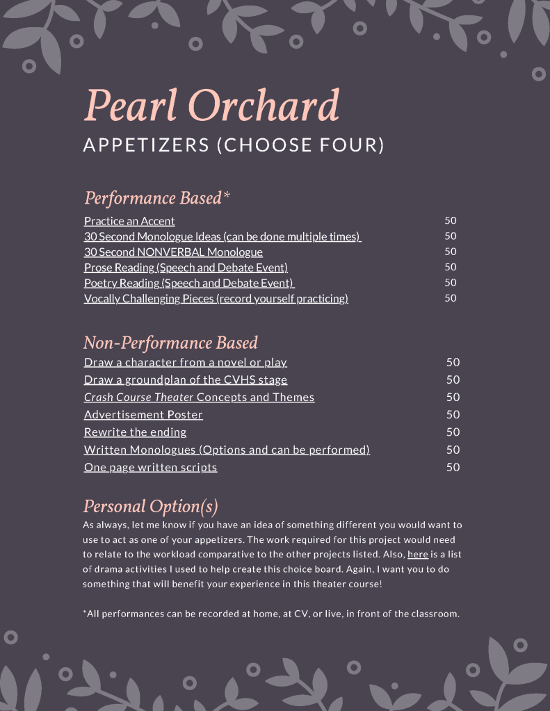 Theater menu appetizers page