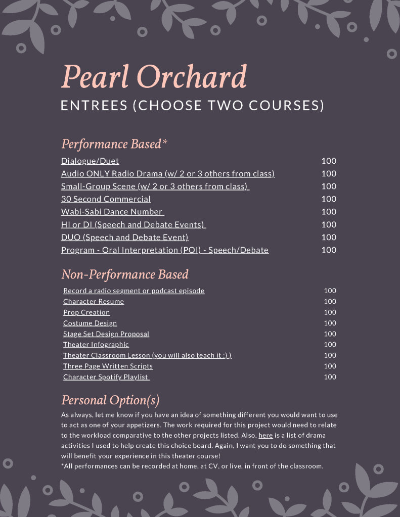 Theater menu entrees page