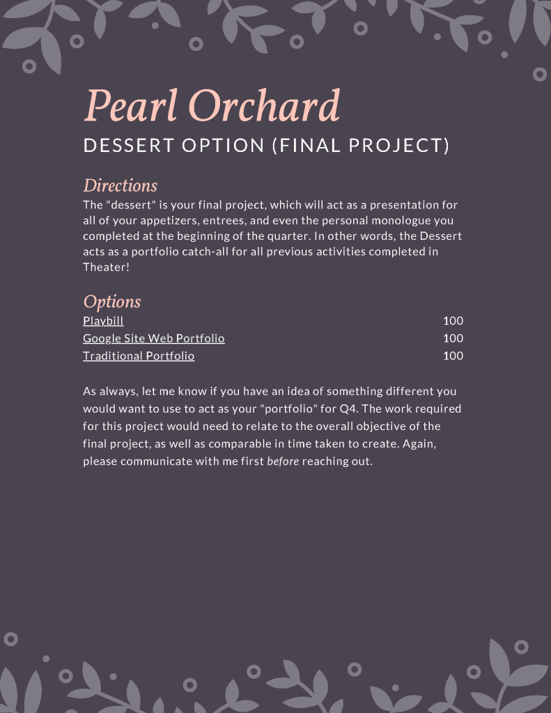 Theater menu dessert page